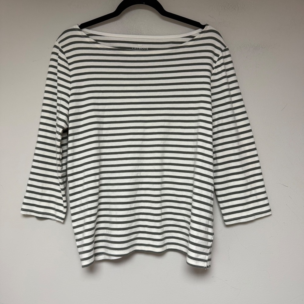 Talbots Striped Top Womens Large Green White Excellent 3/4 Sleeve Pima Cotton